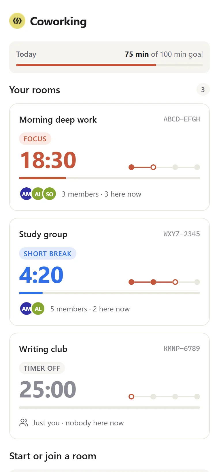 Coworking lobby with live room cards, a daily focus goal and invite options