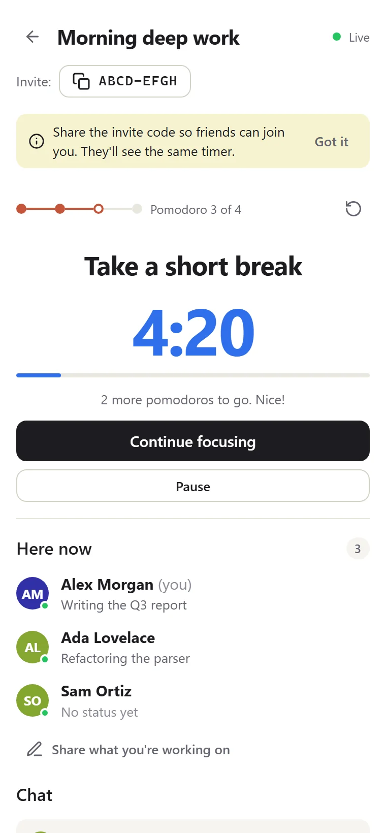 Break screen: Take a short break, 4:20 left, 2 more pomodoros to go