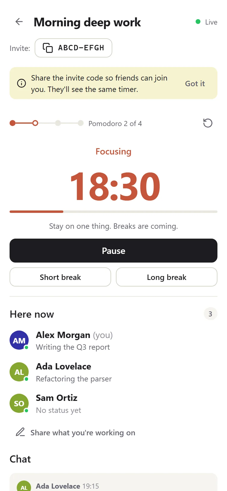 A room with a running 25-minute focus timer and the people working in it